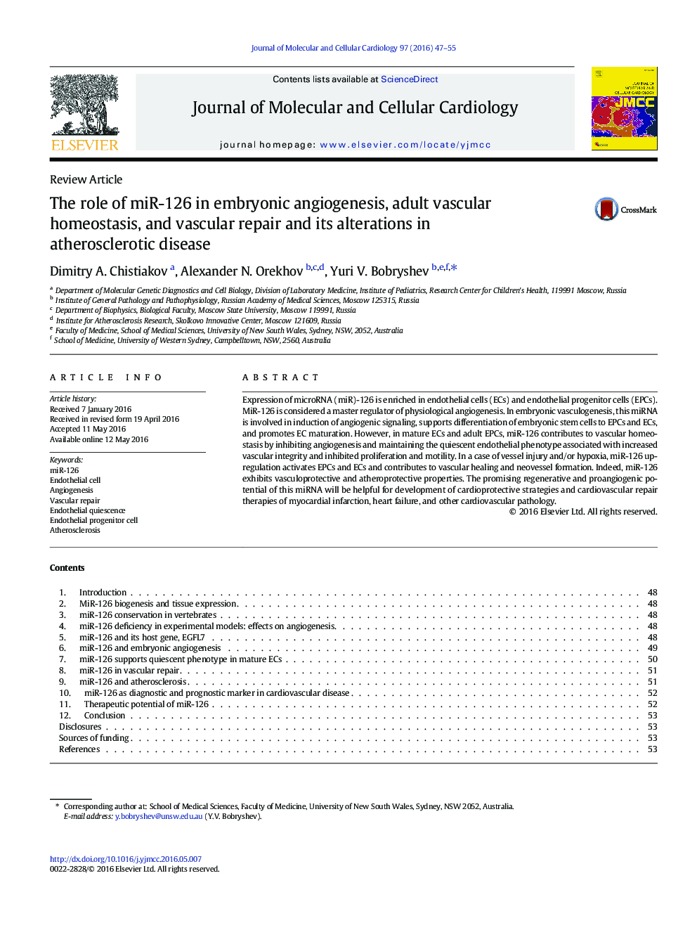 The role of miR-126 in embryonic angiogenesis, adult vascular homeostasis, and vascular repair and its alterations in atherosclerotic disease