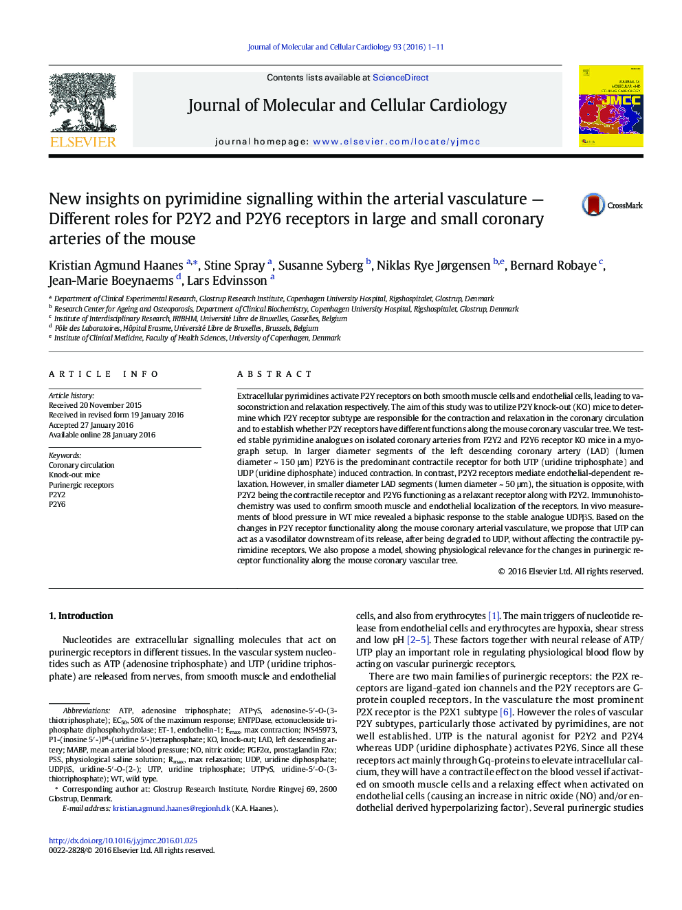 New insights on pyrimidine signalling within the arterial vasculature - Different roles for P2Y2 and P2Y6 receptors in large and small coronary arteries of the mouse