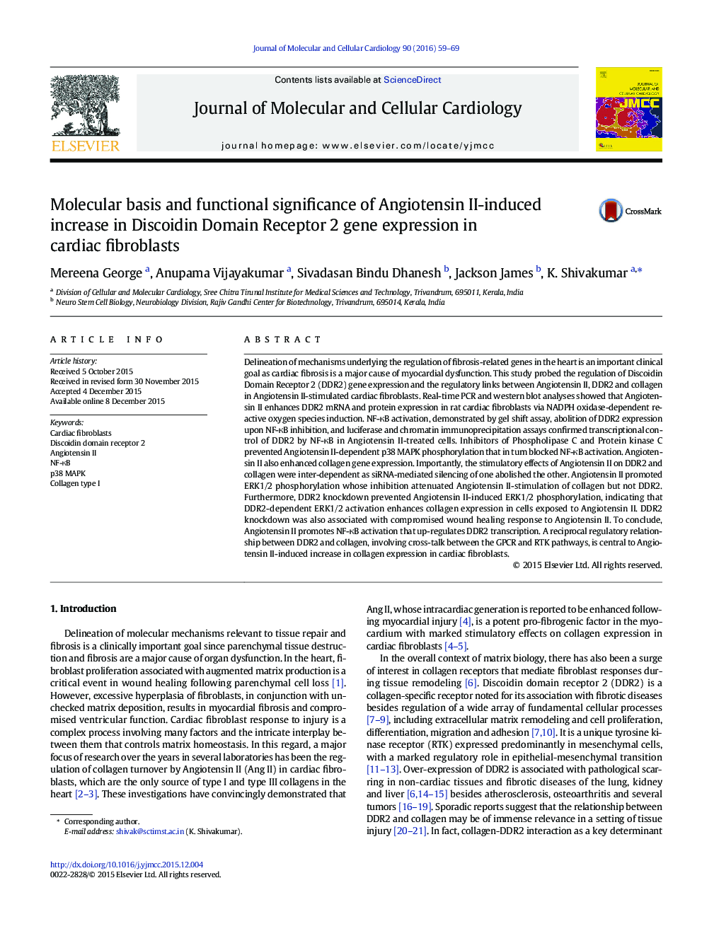 Molecular basis and functional significance of Angiotensin II-induced increase in Discoidin Domain Receptor 2 gene expression in cardiac fibroblasts