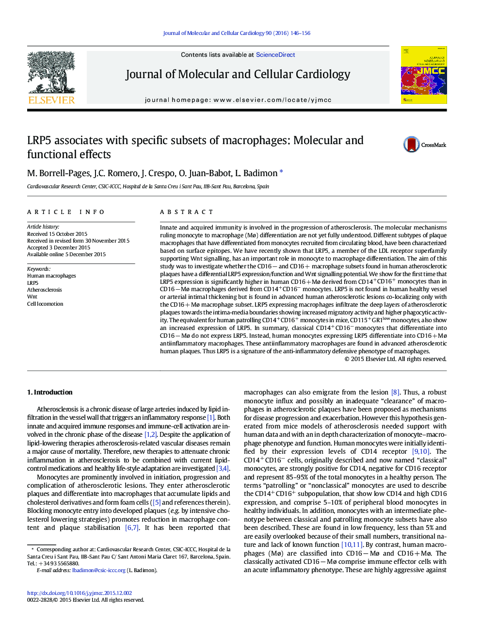 LRP5 associates with specific subsets of macrophages: Molecular and functional effects