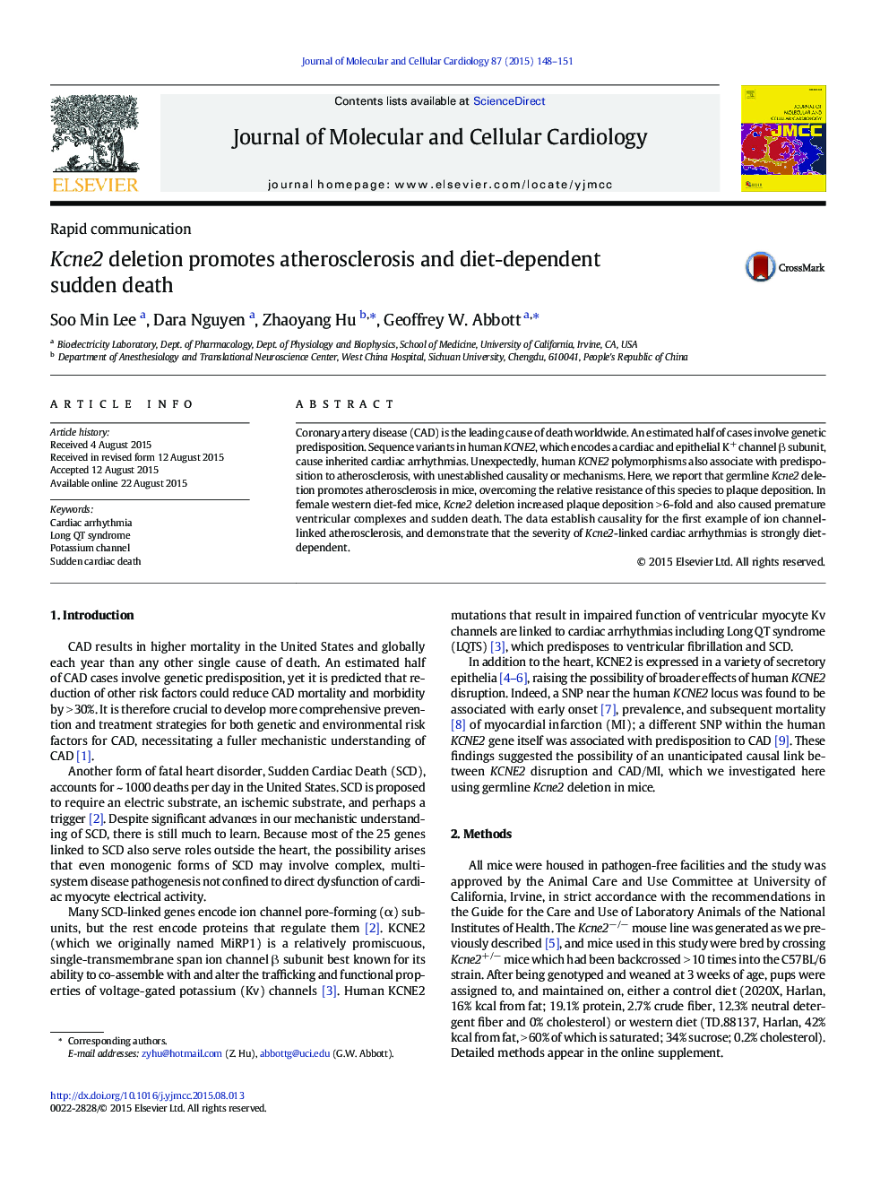 Kcne2 deletion promotes atherosclerosis and diet-dependent sudden death