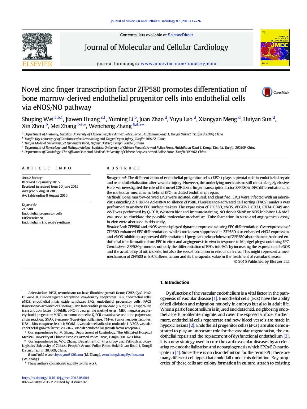 Novel zinc finger transcription factor ZFP580 promotes differentiation of bone marrow-derived endothelial progenitor cells into endothelial cells via eNOS/NO pathway
