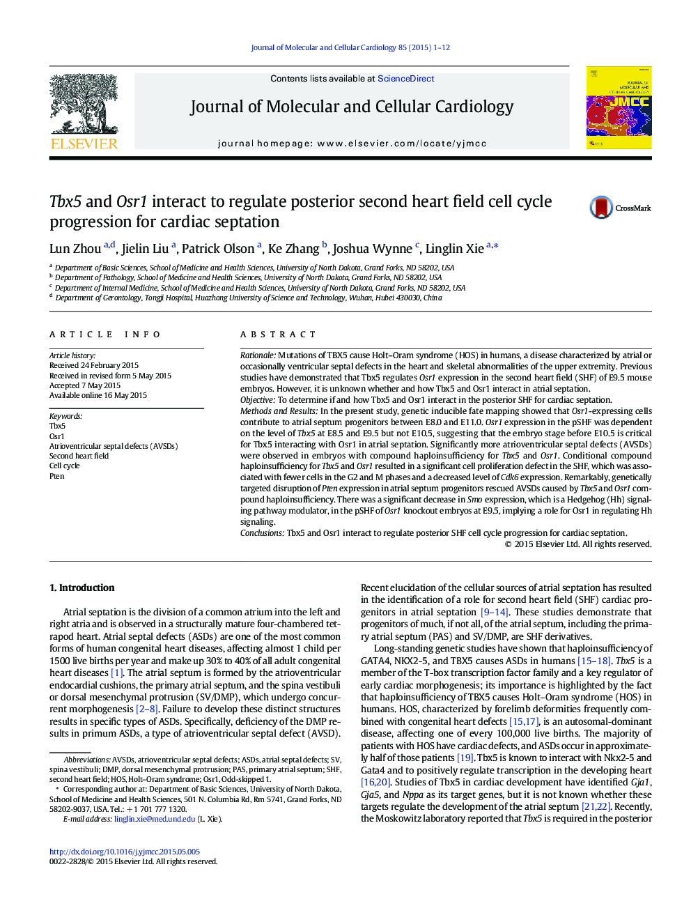 Tbx5 and Osr1 interact to regulate posterior second heart field cell cycle progression for cardiac septation