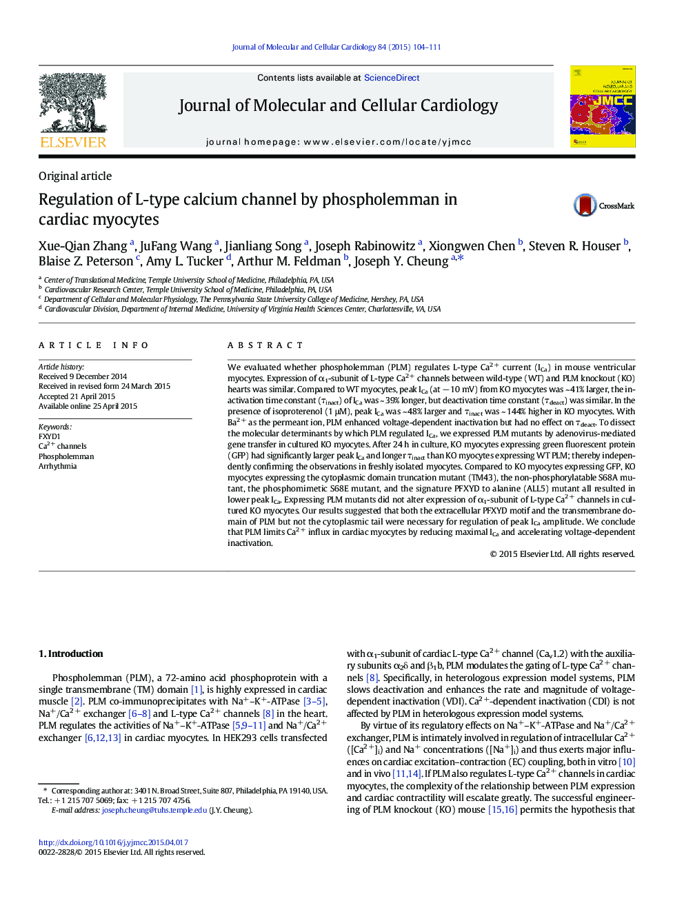 Regulation of L-type calcium channel by phospholemman in cardiac myocytes