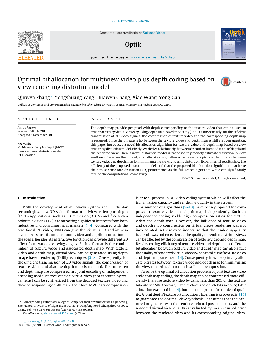 Optimal bit allocation for multiview video plus depth coding based on view rendering distortion model