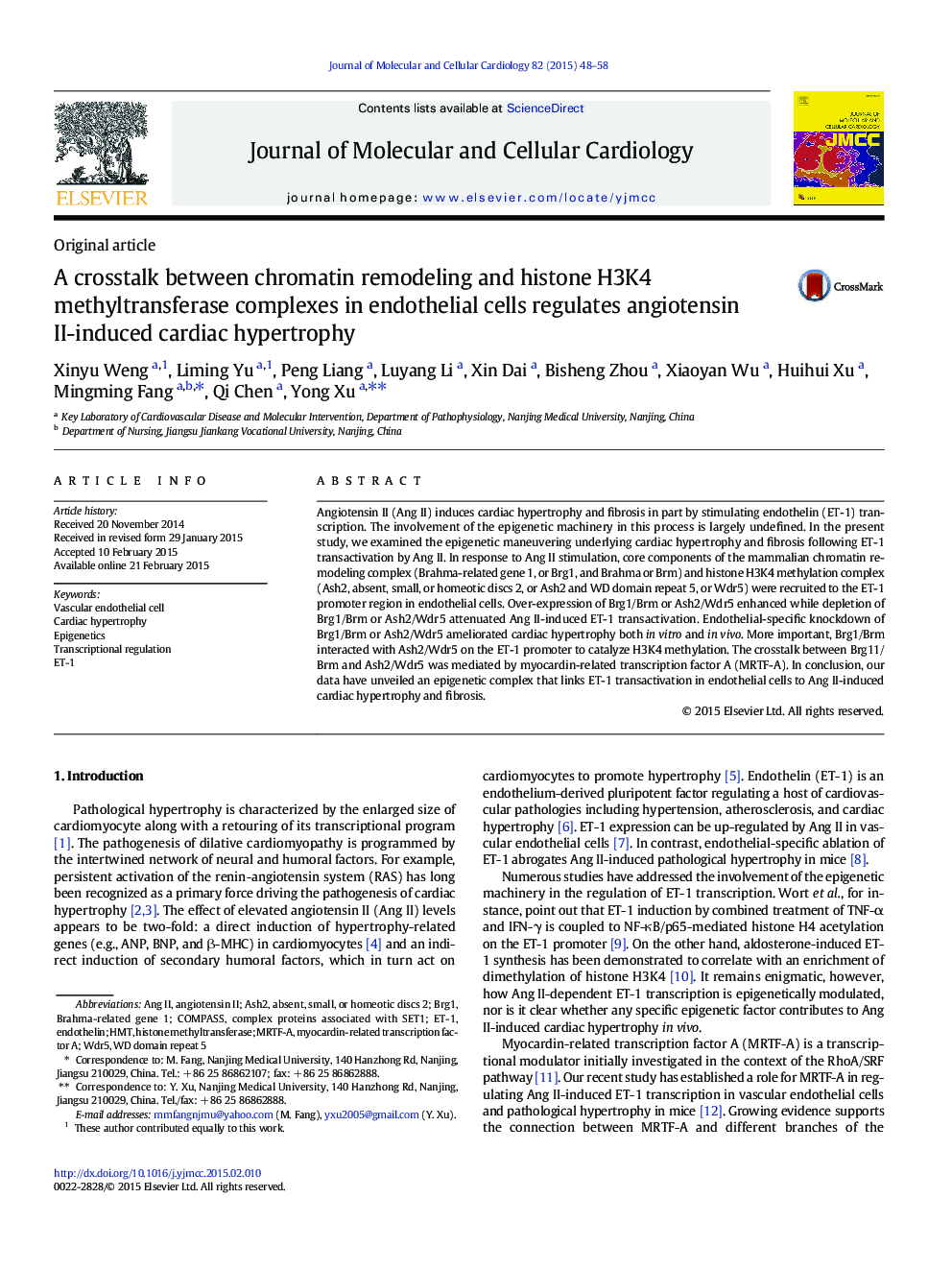 A crosstalk between chromatin remodeling and histone H3K4 methyltransferase complexes in endothelial cells regulates angiotensin II-induced cardiac hypertrophy