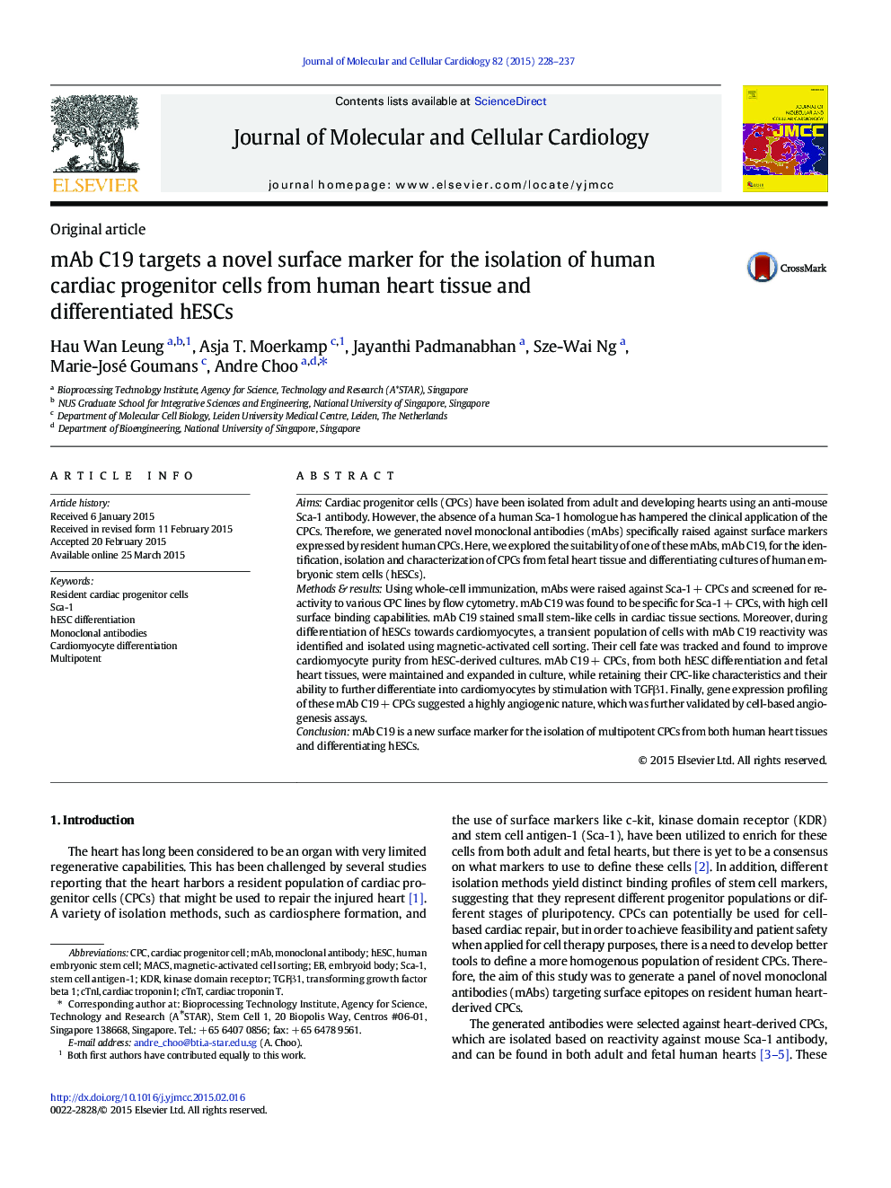 mAb C19 targets a novel surface marker for the isolation of human cardiac progenitor cells from human heart tissue and differentiated hESCs