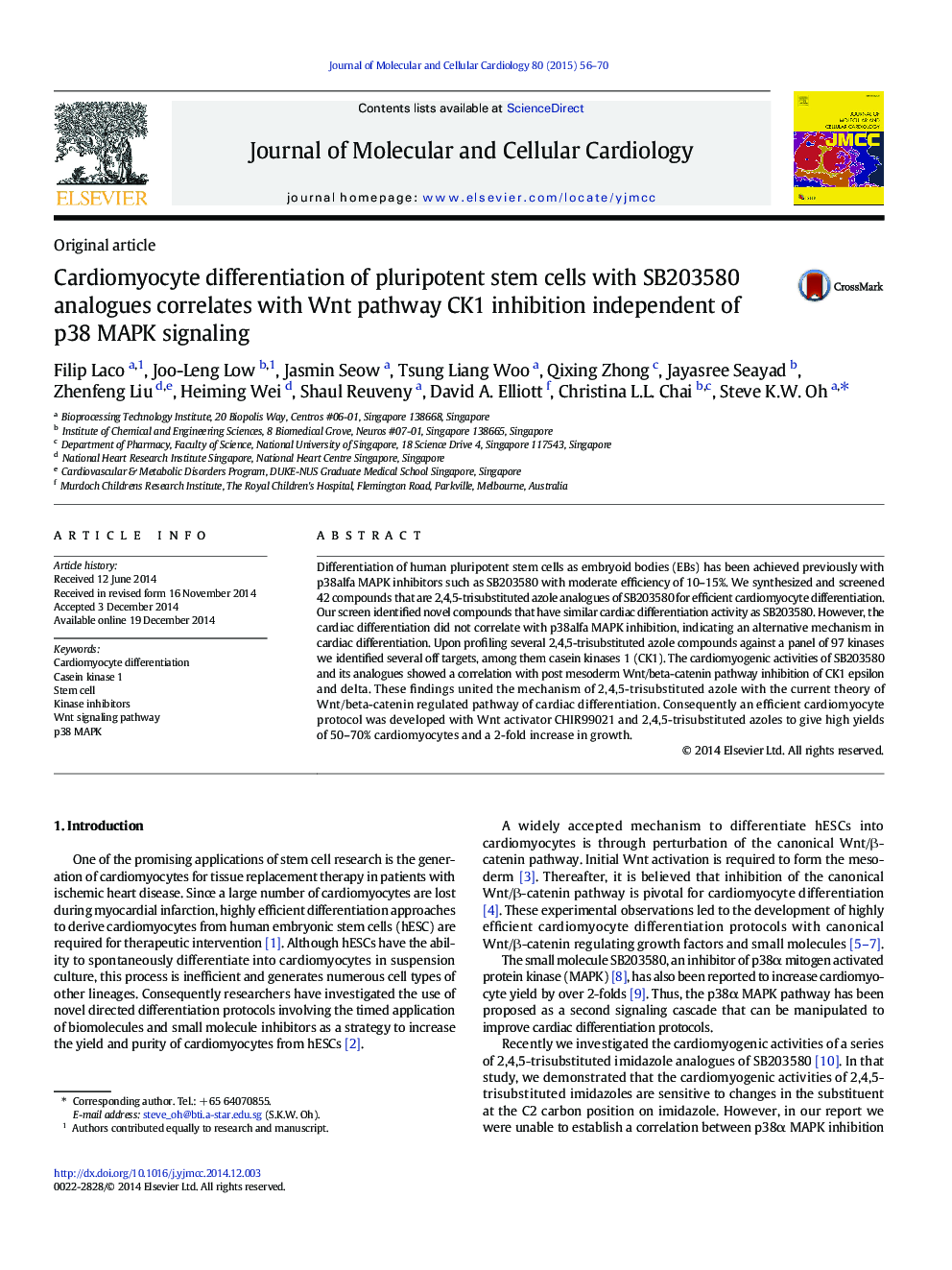 Cardiomyocyte differentiation of pluripotent stem cells with SB203580 analogues correlates with Wnt pathway CK1 inhibition independent of p38 MAPK signaling