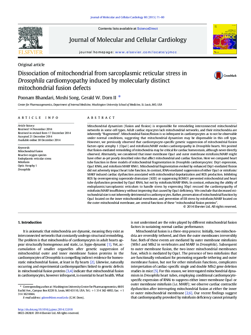 Dissociation of mitochondrial from sarcoplasmic reticular stress in Drosophila cardiomyopathy induced by molecularly distinct mitochondrial fusion defects