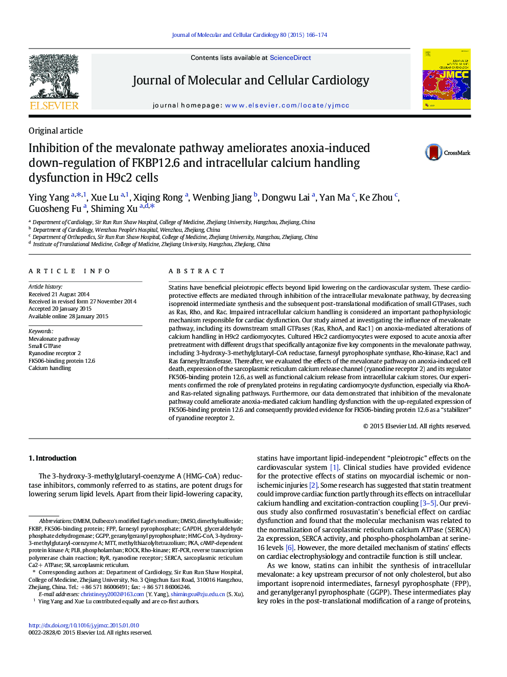 Inhibition of the mevalonate pathway ameliorates anoxia-induced down-regulation of FKBP12.6 and intracellular calcium handling dysfunction in H9c2 cells