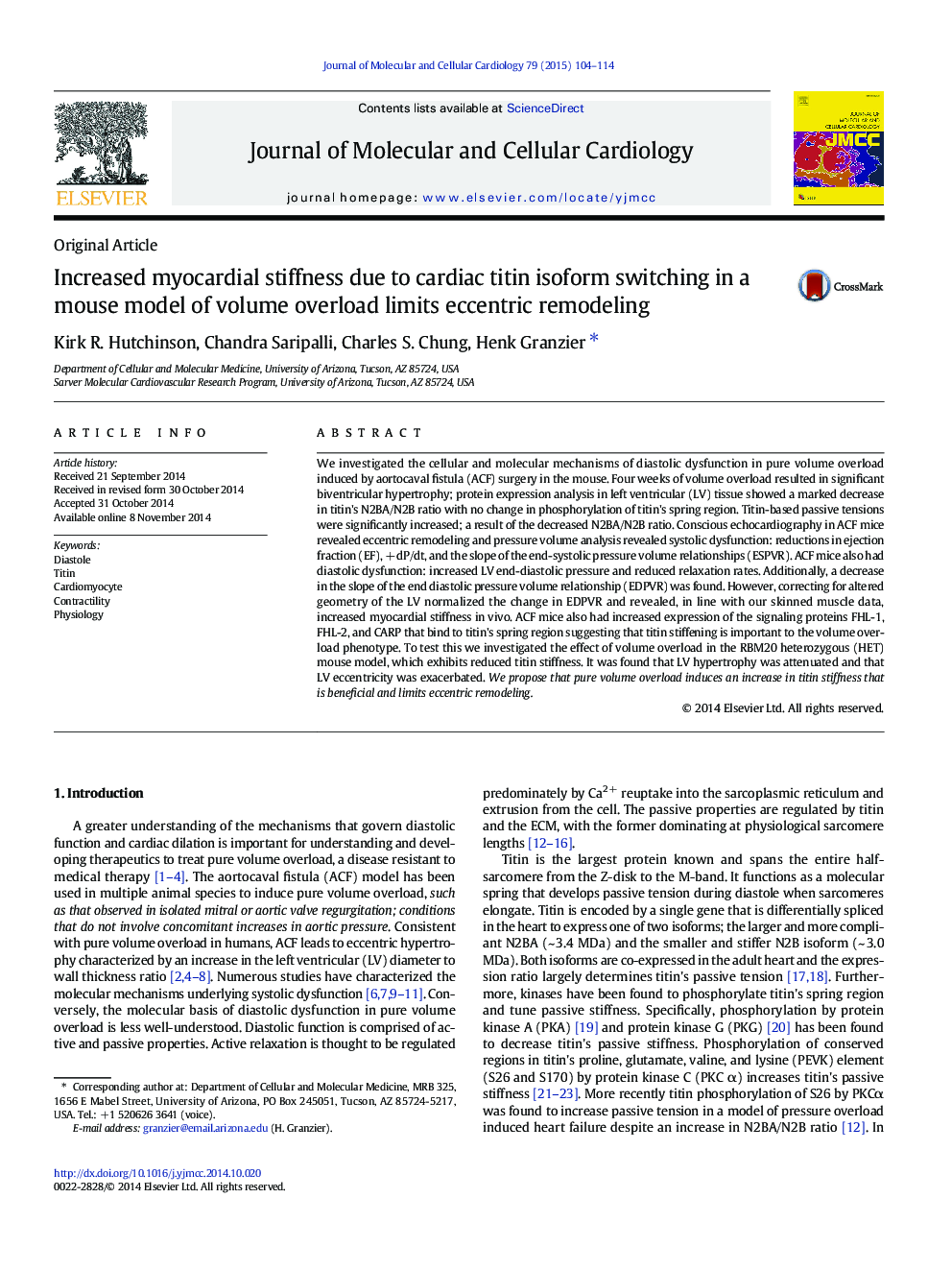 Increased myocardial stiffness due to cardiac titin isoform switching in a mouse model of volume overload limits eccentric remodeling