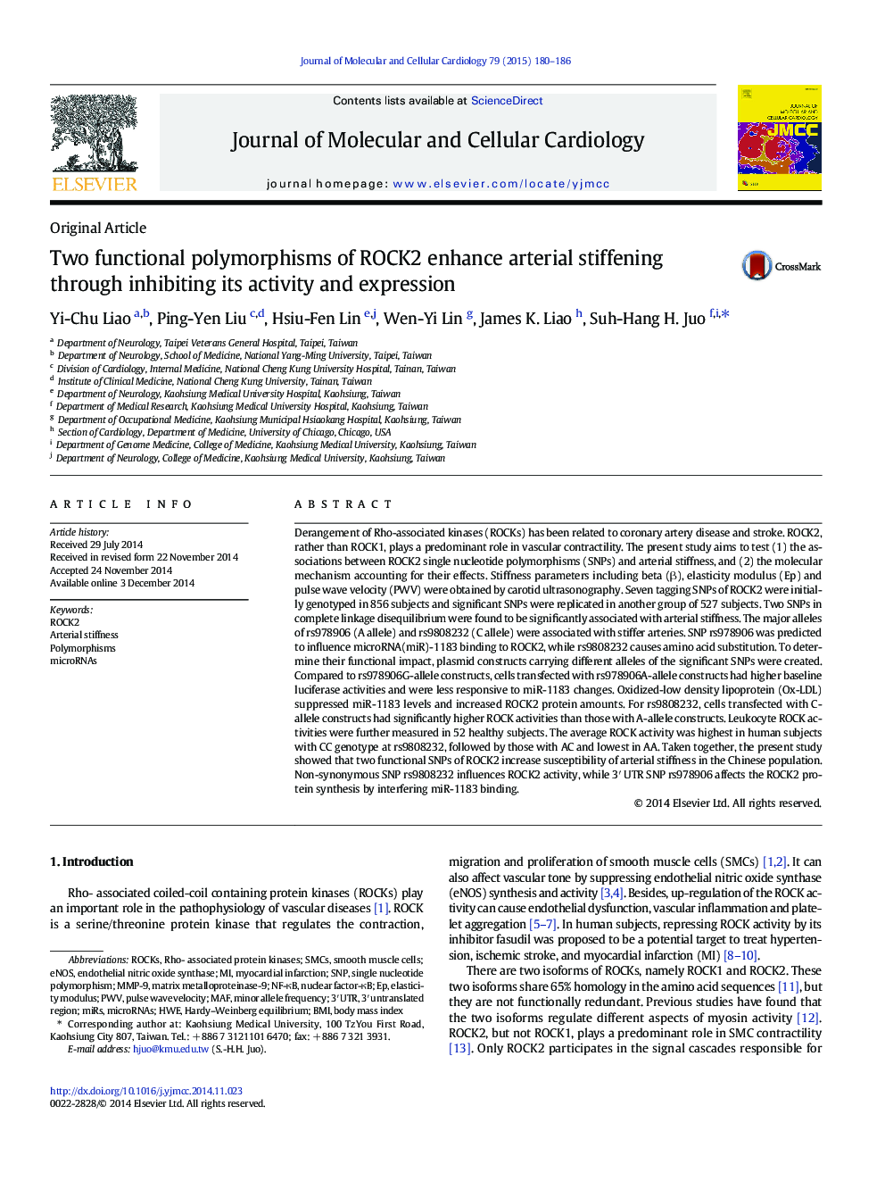 Two functional polymorphisms of ROCK2 enhance arterial stiffening through inhibiting its activity and expression