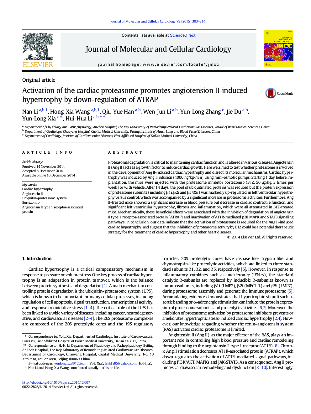 Activation of the cardiac proteasome promotes angiotension II-induced hypertrophy by down-regulation of ATRAP