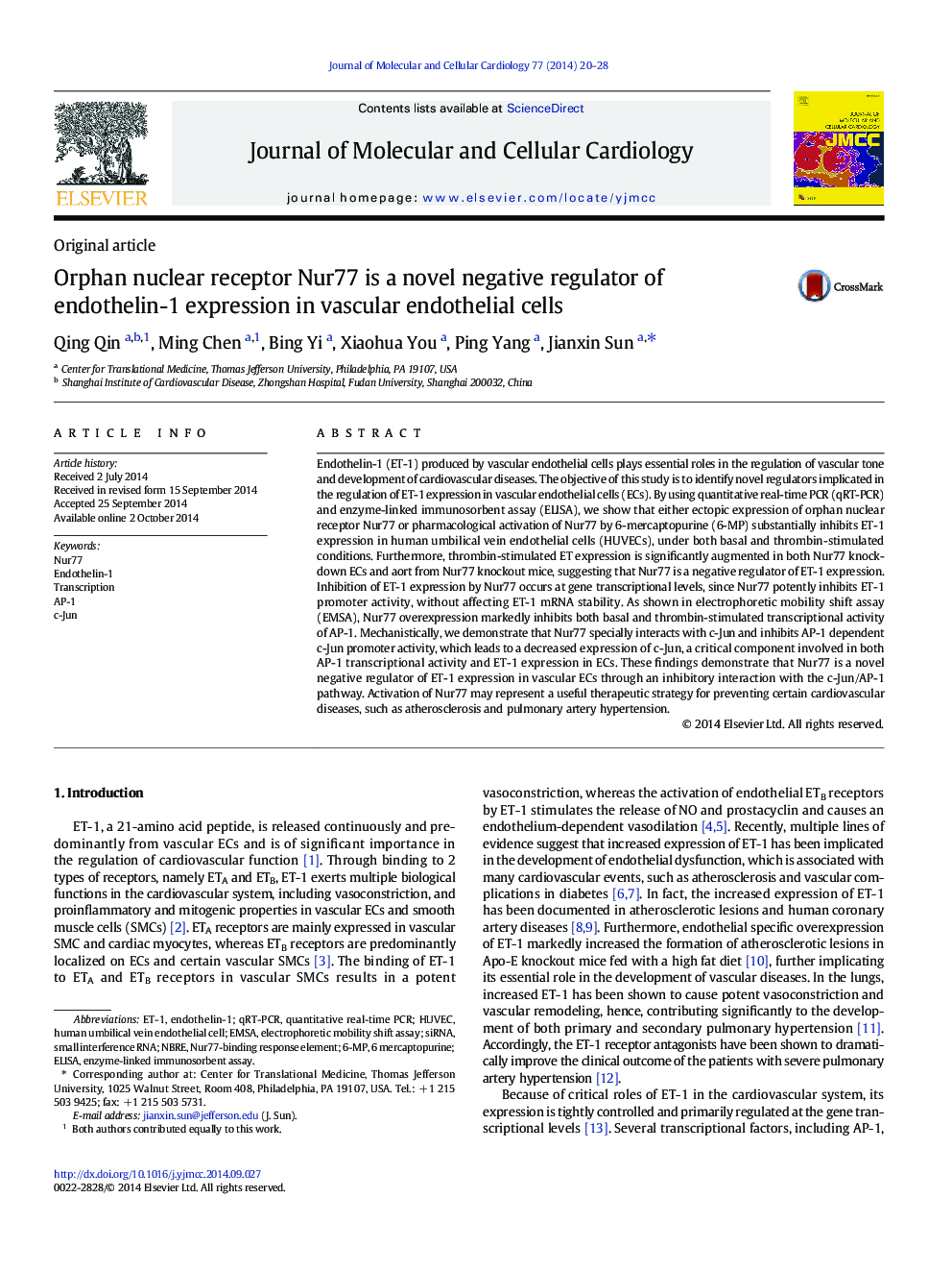 Orphan nuclear receptor Nur77 is a novel negative regulator of endothelin-1 expression in vascular endothelial cells