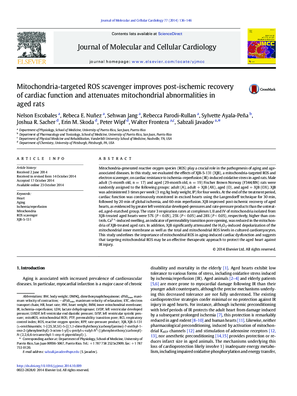 Mitochondria-targeted ROS scavenger improves post-ischemic recovery of cardiac function and attenuates mitochondrial abnormalities in aged rats