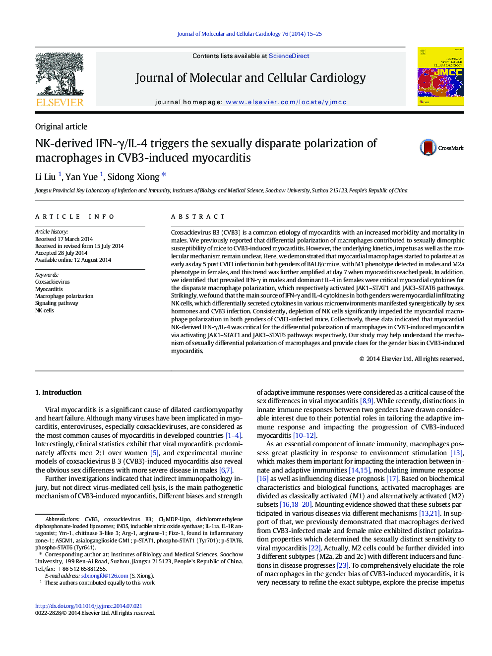 NK-derived IFN-Î³/IL-4 triggers the sexually disparate polarization of macrophages in CVB3-induced myocarditis