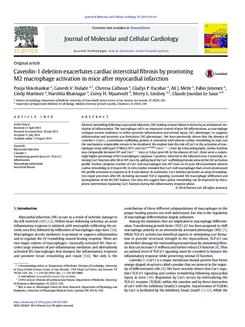 Caveolin-1 deletion exacerbates cardiac interstitial fibrosis by promoting M2 macrophage activation in mice after myocardial infarction