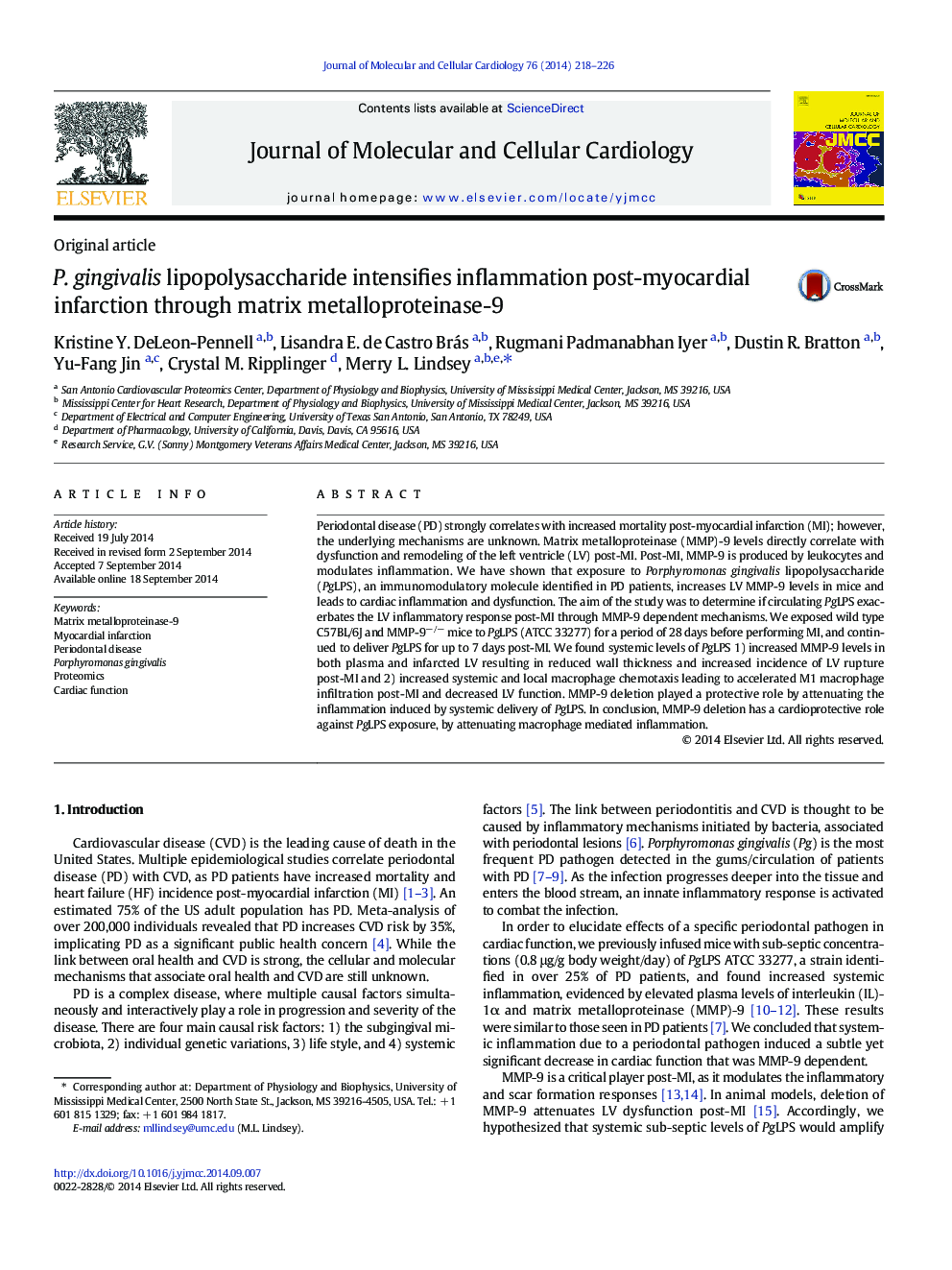 P. gingivalis lipopolysaccharide intensifies inflammation post-myocardial infarction through matrix metalloproteinase-9