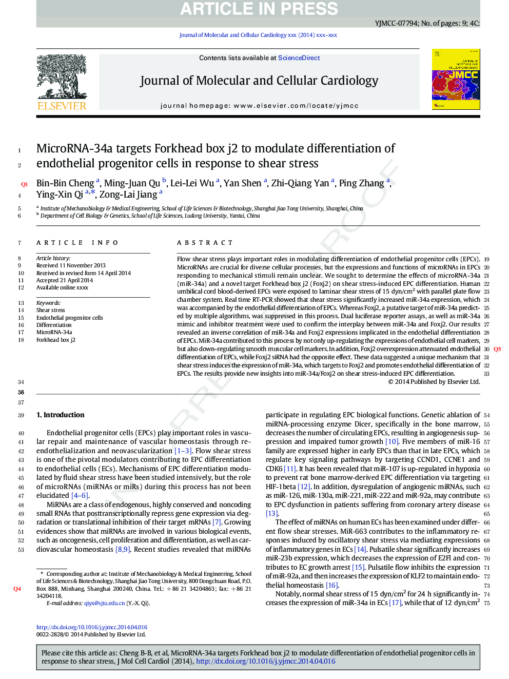 MicroRNA-34a targets Forkhead box j2 to modulate differentiation of endothelial progenitor cells in response to shear stress