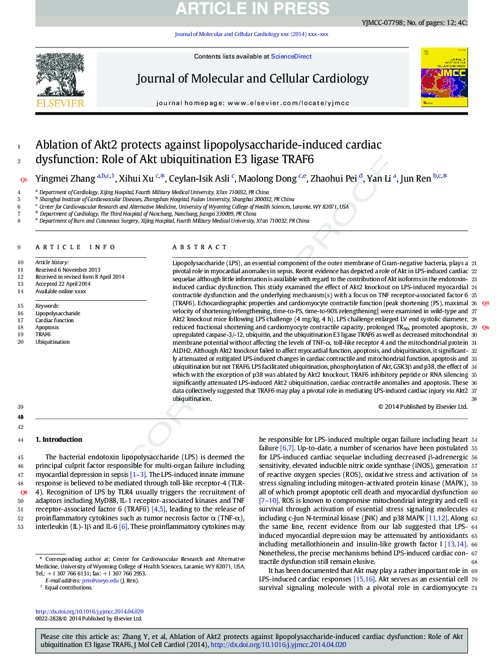 Ablation of Akt2 protects against lipopolysaccharide-induced cardiac dysfunction: Role of Akt ubiquitination E3 ligase TRAF6