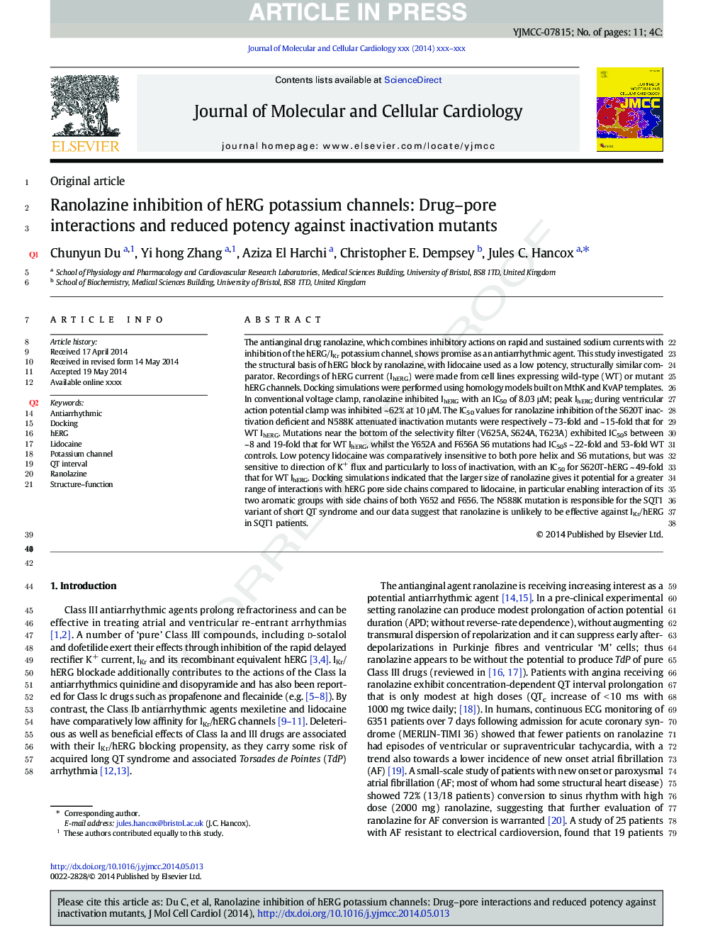 Ranolazine inhibition of hERG potassium channels: Drug-pore interactions and reduced potency against inactivation mutants