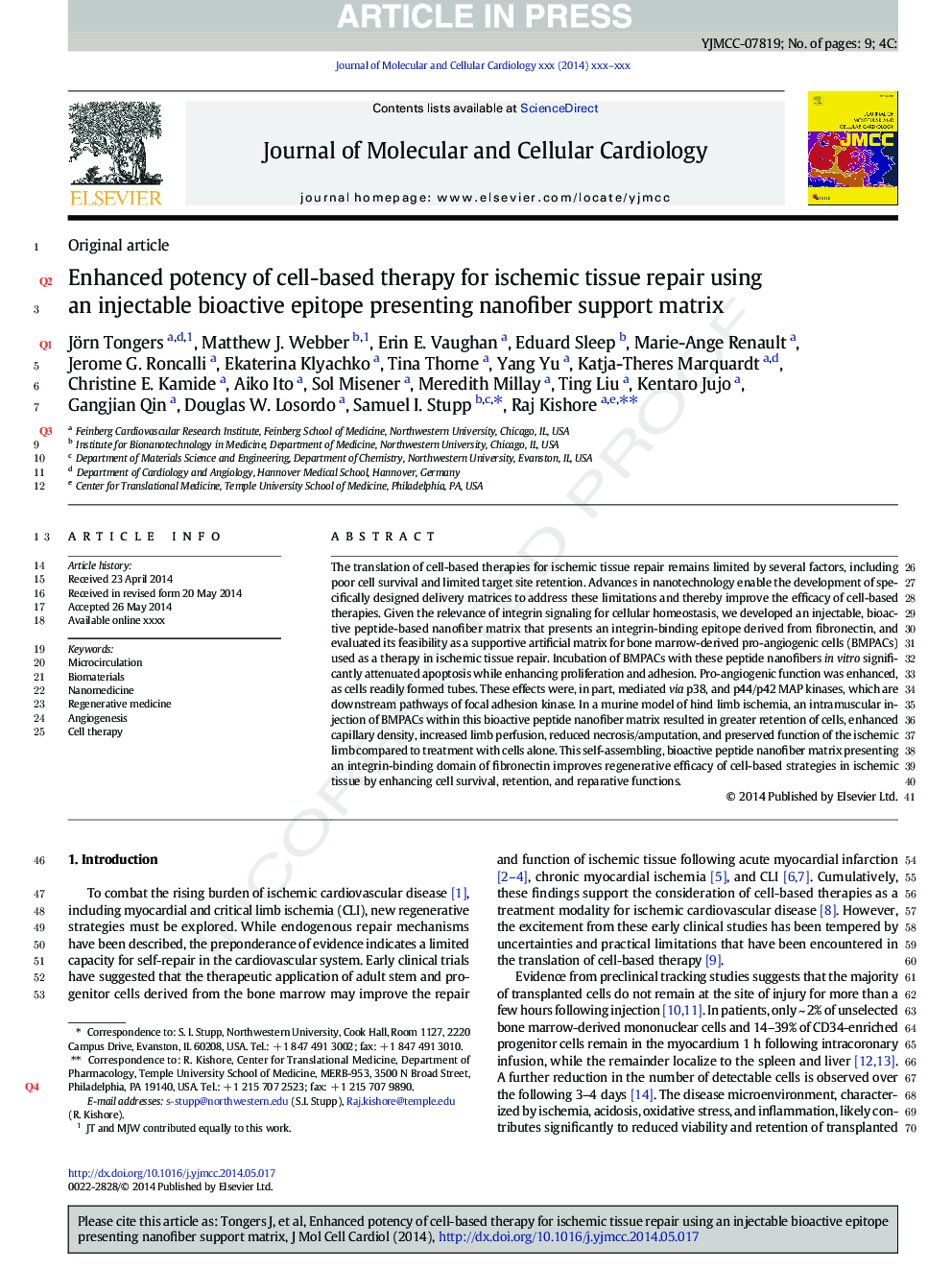 Enhanced potency of cell-based therapy for ischemic tissue repair using an injectable bioactive epitope presenting nanofiber support matrix