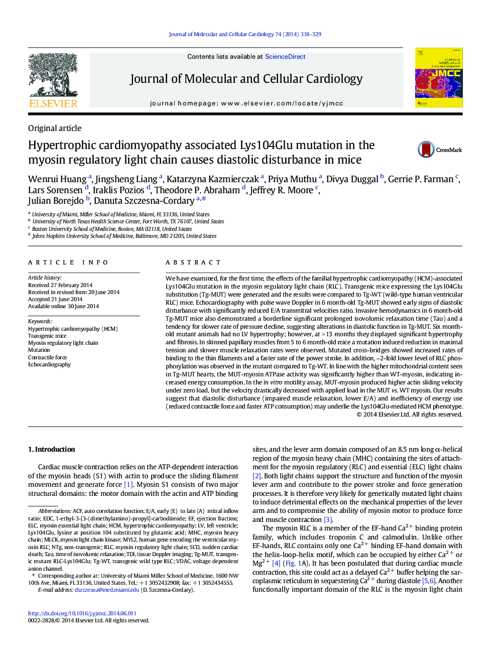 Hypertrophic cardiomyopathy associated Lys104Glu mutation in the myosin regulatory light chain causes diastolic disturbance in mice