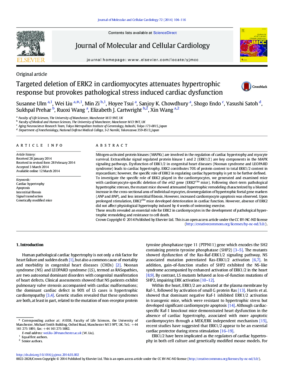 Targeted deletion of ERK2 in cardiomyocytes attenuates hypertrophic response but provokes pathological stress induced cardiac dysfunction