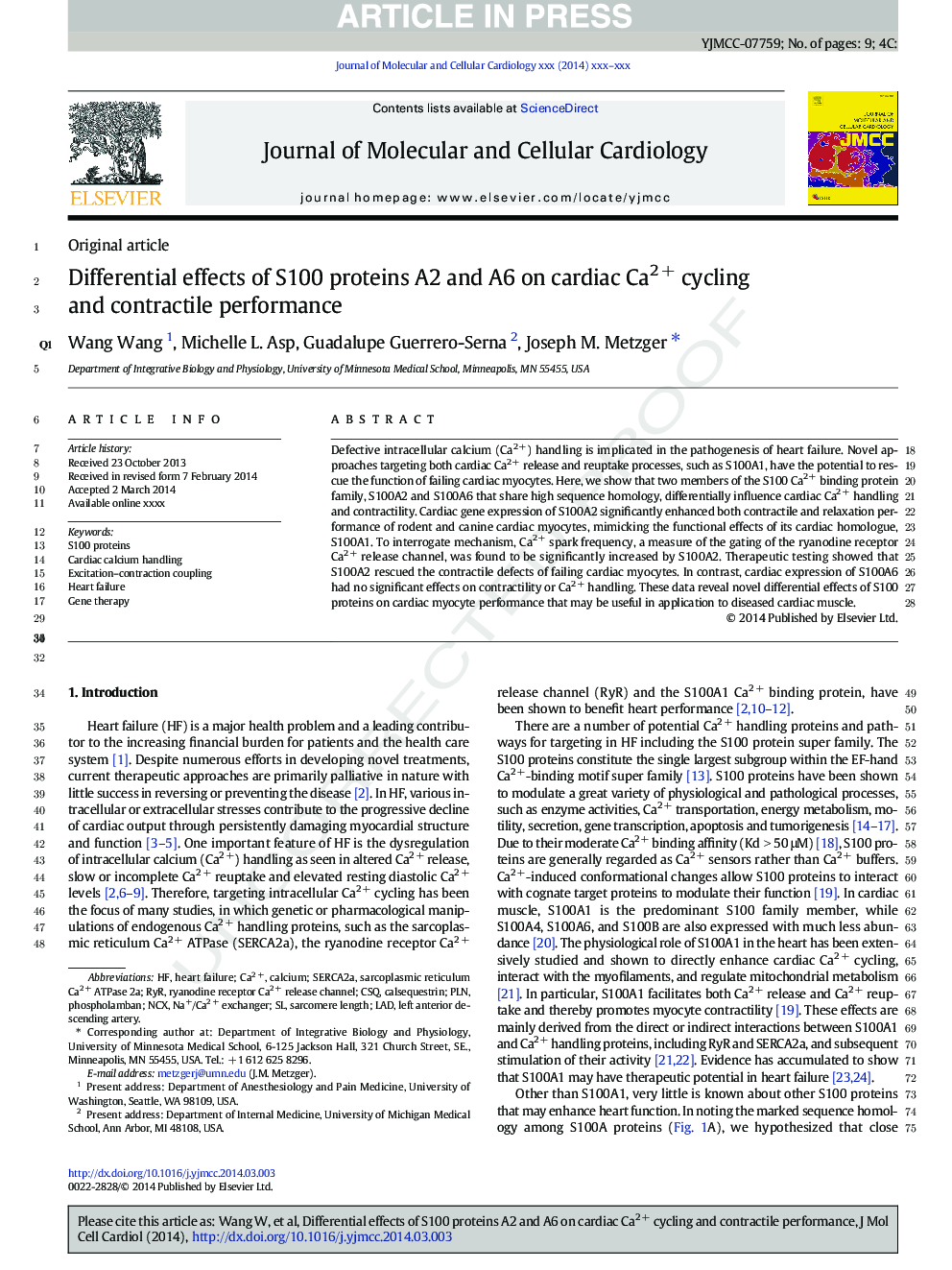 Differential effects of S100 proteins A2 and A6 on cardiac Ca2Â + cycling and contractile performance