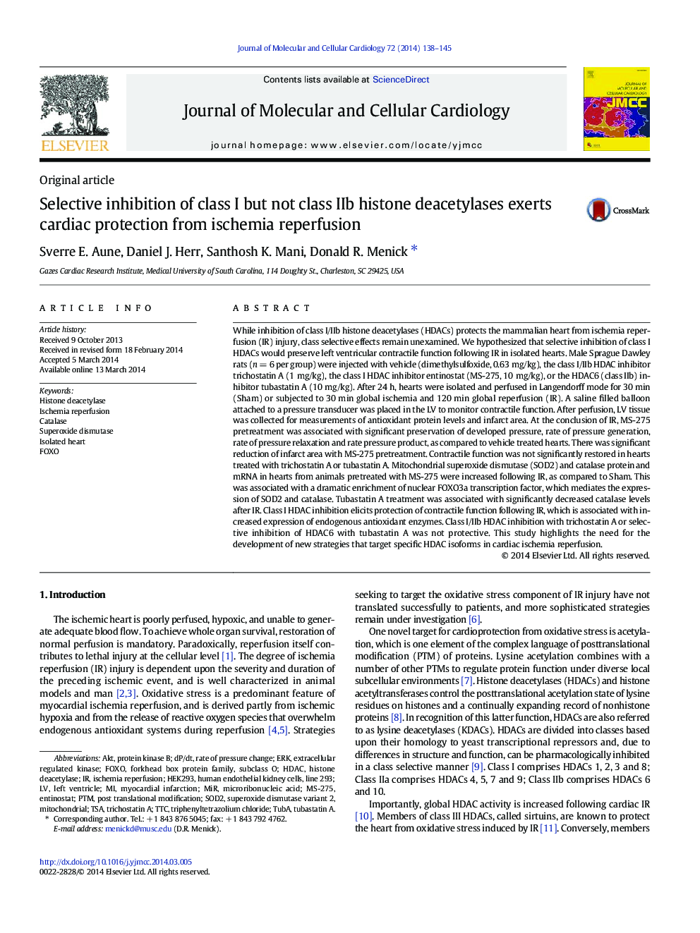 Selective inhibition of class I but not class IIb histone deacetylases exerts cardiac protection from ischemia reperfusion