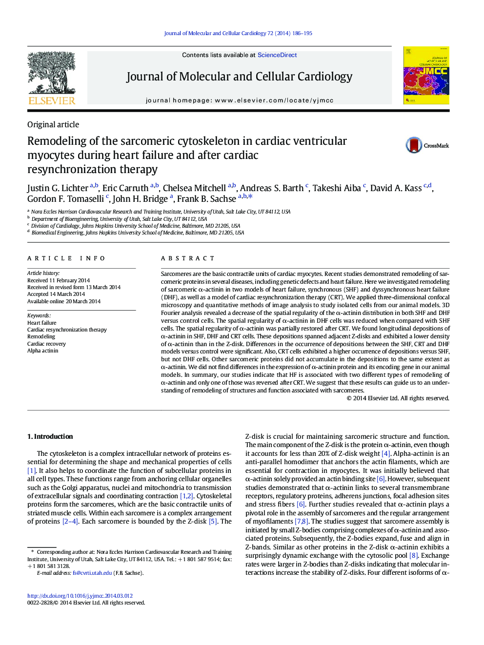 Remodeling of the sarcomeric cytoskeleton in cardiac ventricular myocytes during heart failure and after cardiac resynchronization therapy