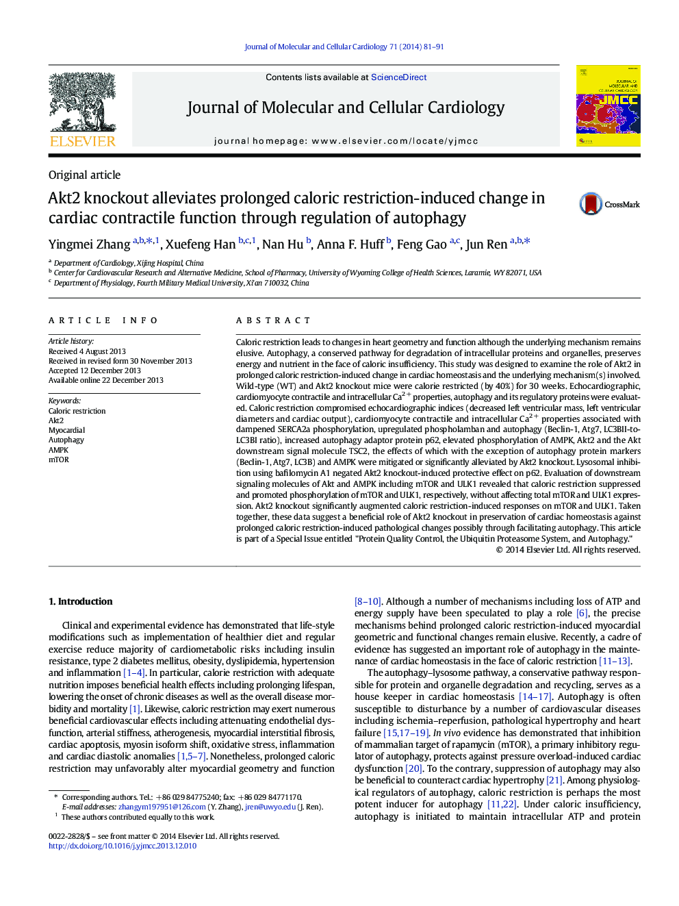 Akt2 knockout alleviates prolonged caloric restriction-induced change in cardiac contractile function through regulation of autophagy