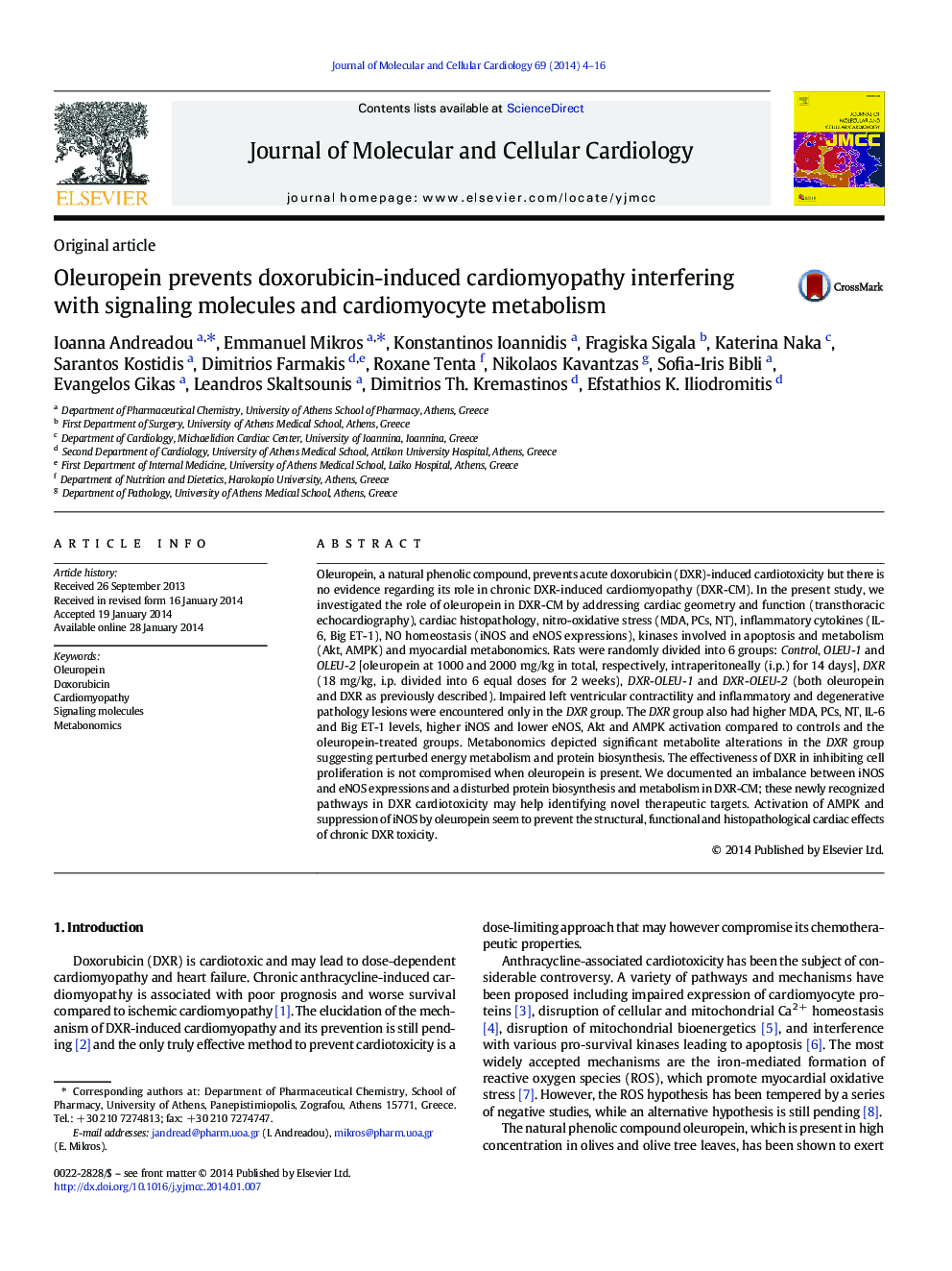 Oleuropein prevents doxorubicin-induced cardiomyopathy interfering with signaling molecules and cardiomyocyte metabolism