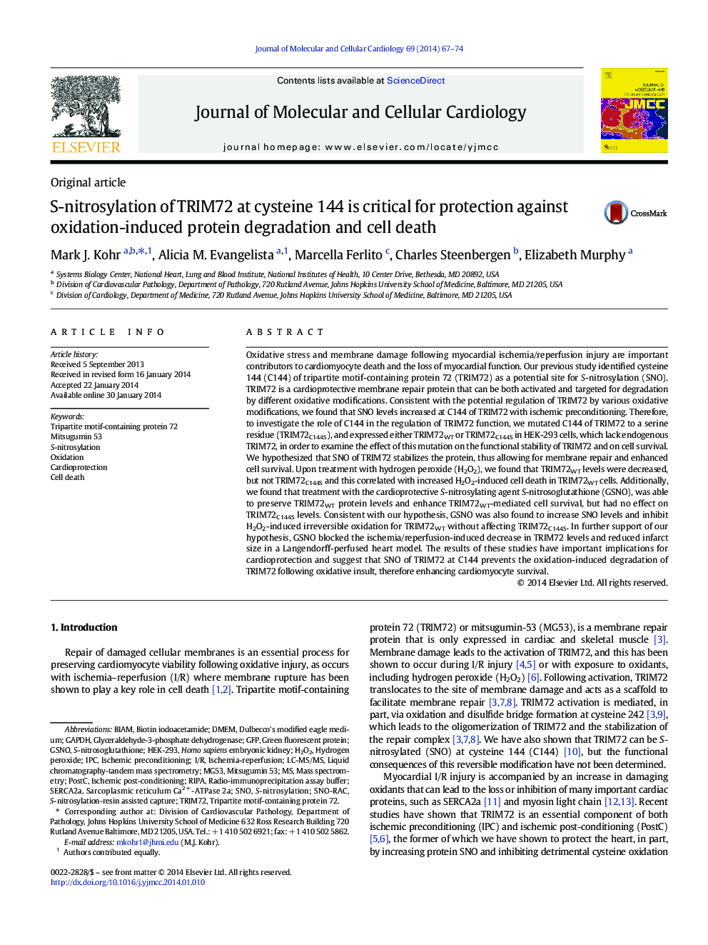 عکس صفحه اول مقاله: S-nitrosylation of TRIM72 at cysteine 144 is critical for protection against oxidation-induced protein degradation and cell death S-nitrosylation of TRIM72 at cysteine 144 is critical for protection against oxidation-induced protein degradation and cell death