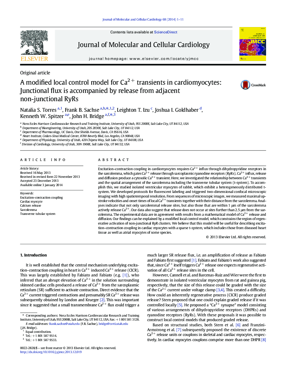 A modified local control model for Ca2Â + transients in cardiomyocytes: Junctional flux is accompanied by release from adjacent non-junctional RyRs