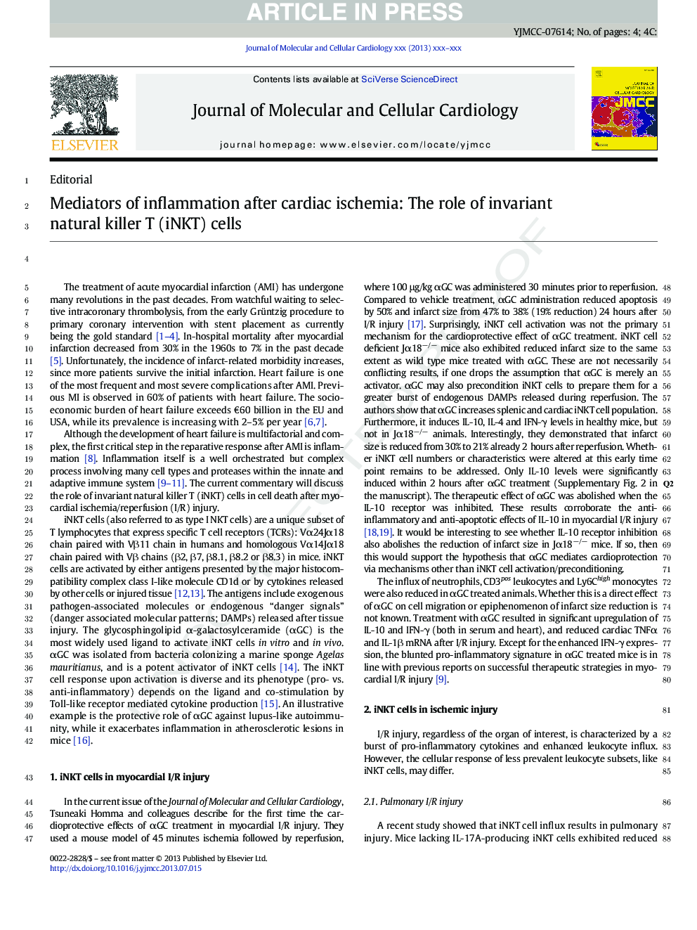 Mediators of inflammation after cardiac ischemia: The role of invariant natural killer T (iNKT) cells