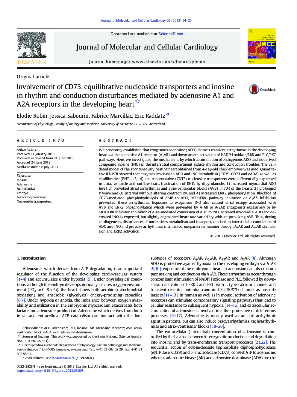 Involvement of CD73, equilibrative nucleoside transporters and inosine in rhythm and conduction disturbances mediated by adenosine A1 and A2A receptors in the developing heart