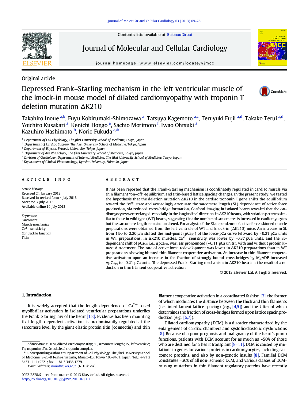 Depressed Frank-Starling mechanism in the left ventricular muscle of the knock-in mouse model of dilated cardiomyopathy with troponin T deletion mutation ÎK210