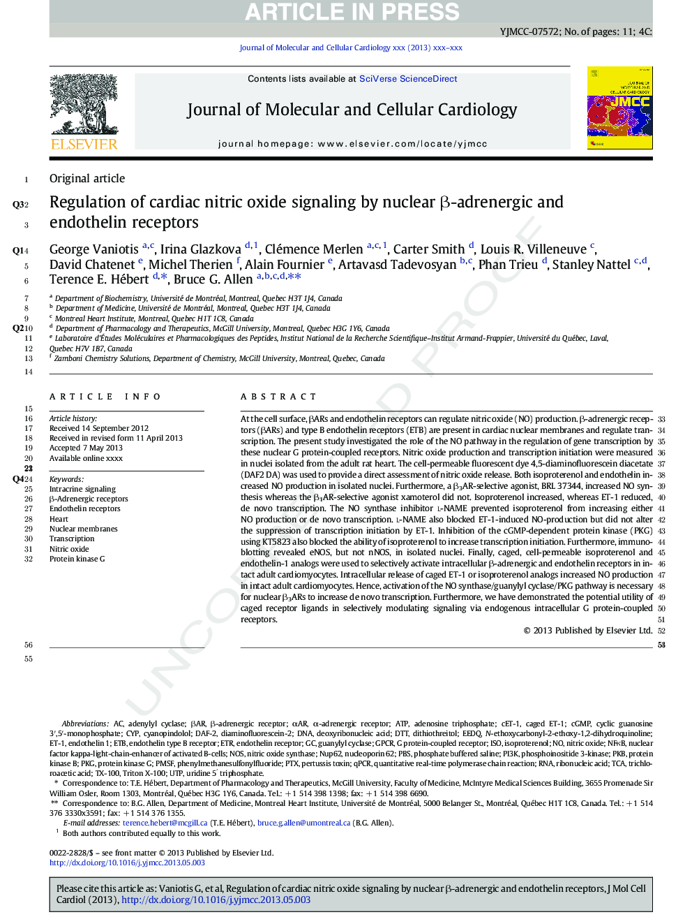 Regulation of cardiac nitric oxide signaling by nuclear Î²-adrenergic and endothelin receptors