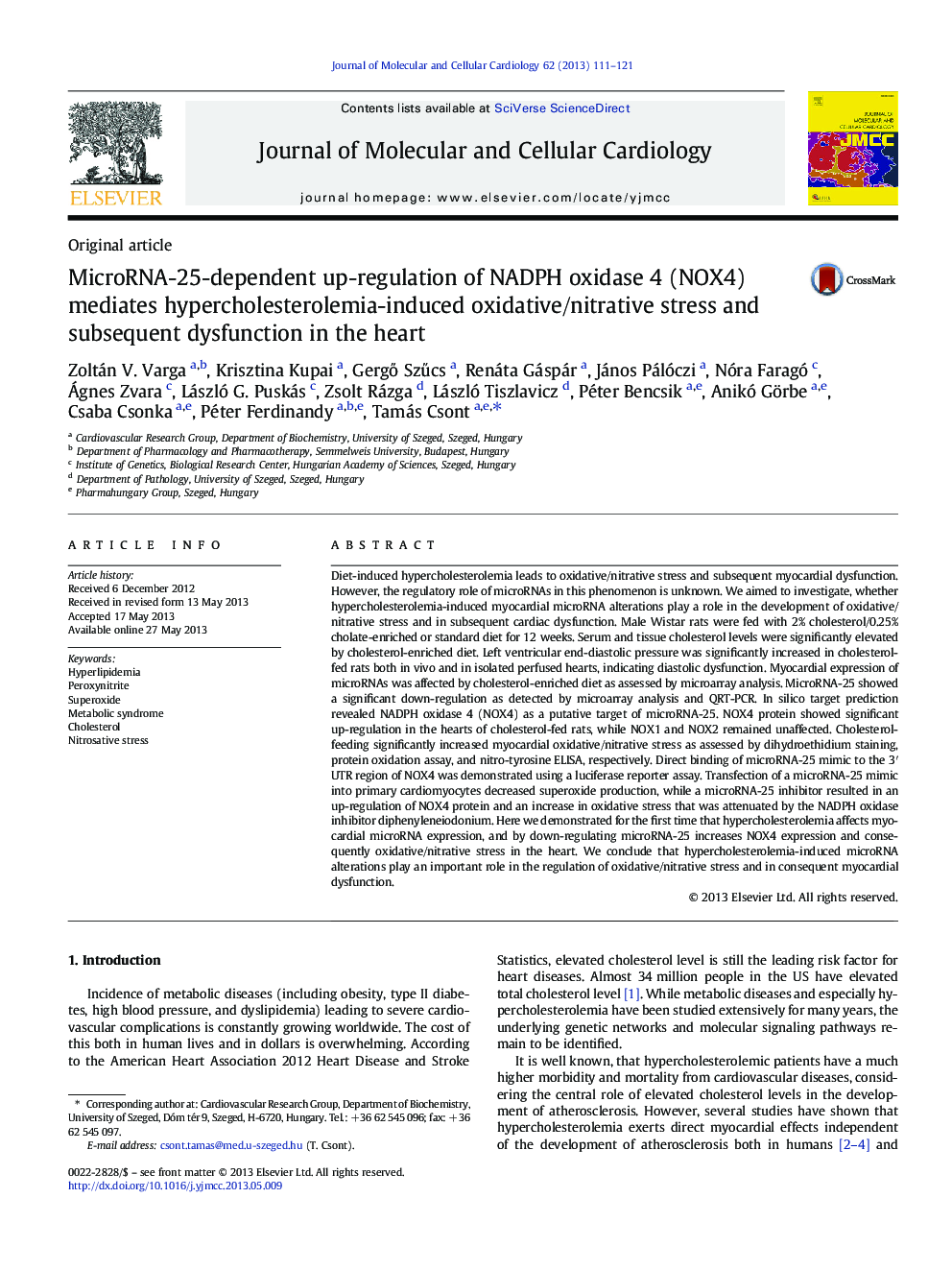 MicroRNA-25-dependent up-regulation of NADPH oxidase 4 (NOX4) mediates hypercholesterolemia-induced oxidative/nitrative stress and subsequent dysfunction in the heart