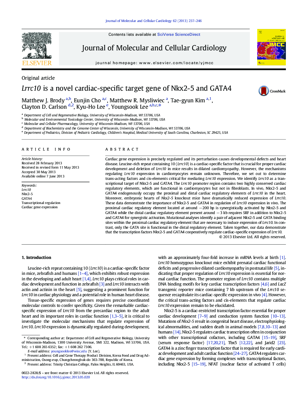 Lrrc10 is a novel cardiac-specific target gene of Nkx2-5 and GATA4