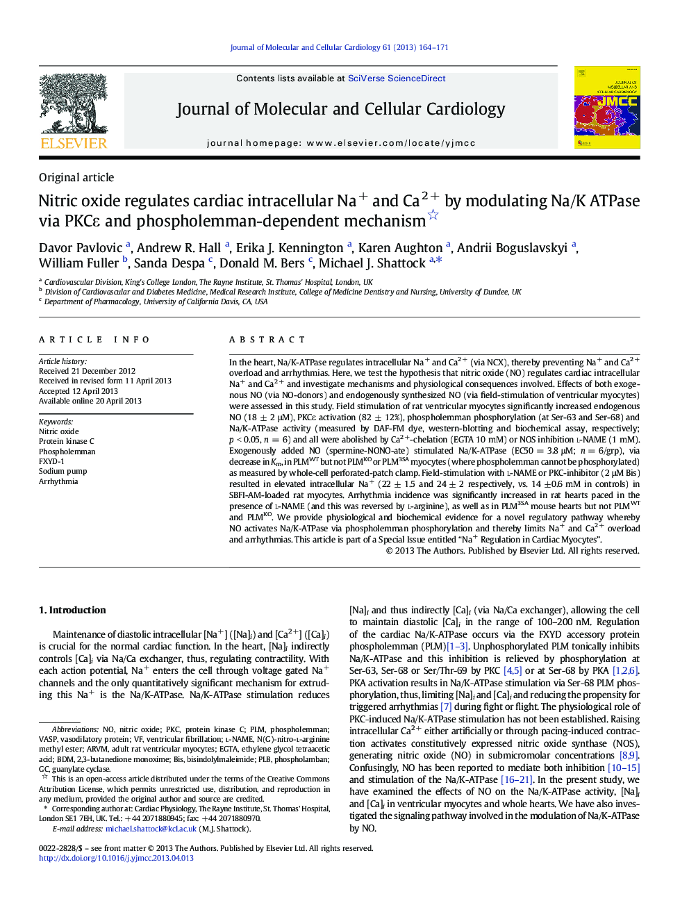 Nitric oxide regulates cardiac intracellular Na+ and Ca2Â + by modulating Na/K ATPase via PKCÎµ and phospholemman-dependent mechanism