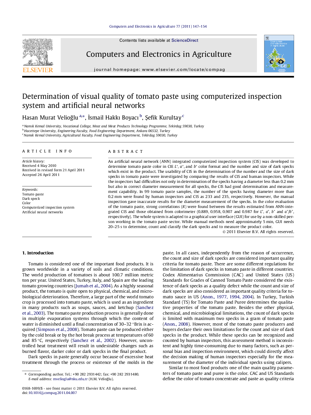 Determination of visual quality of tomato paste using computerized inspection system and artificial neural networks