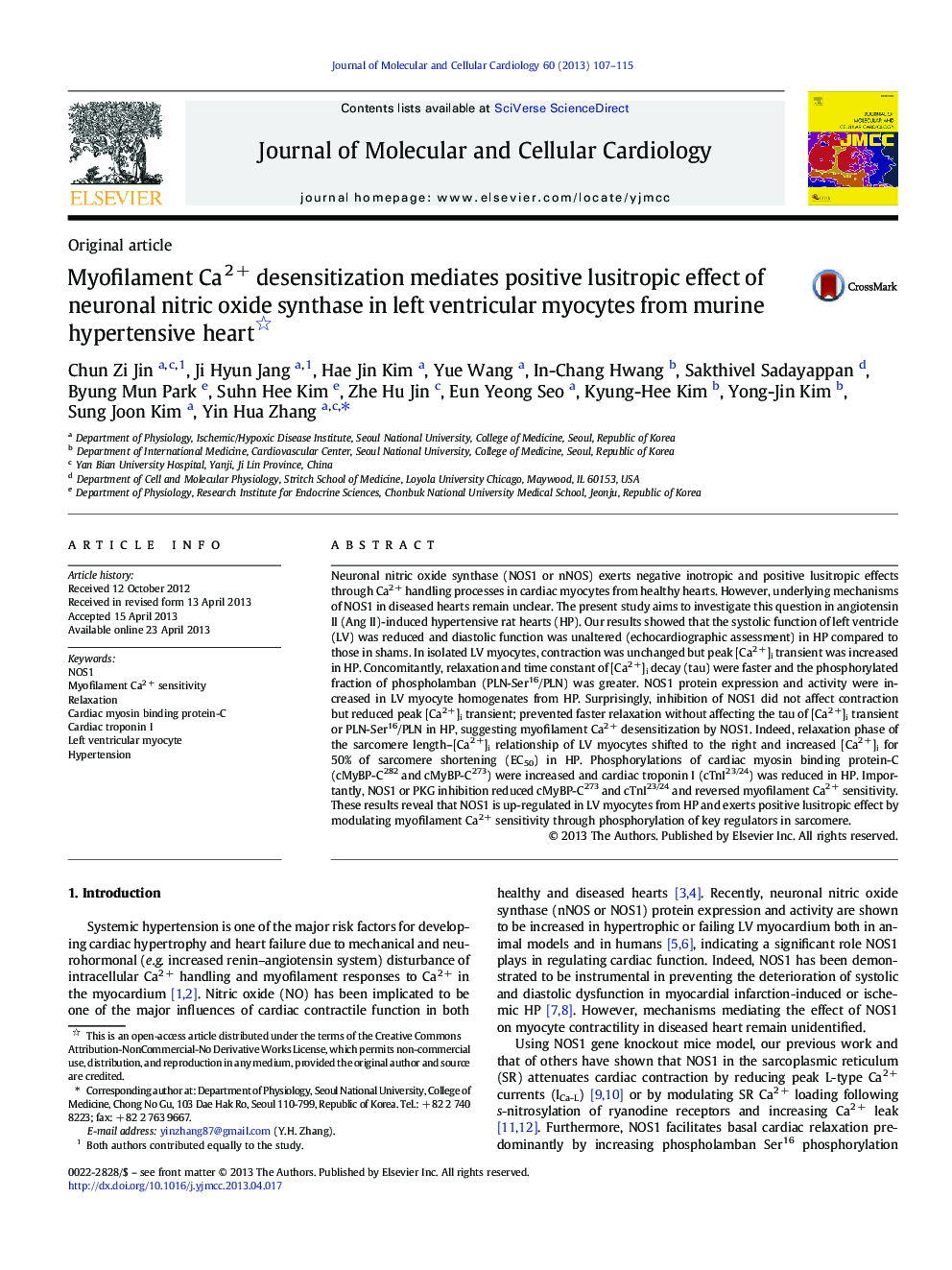 Myofilament Ca2Â + desensitization mediates positive lusitropic effect of neuronal nitric oxide synthase in left ventricular myocytes from murine hypertensive heart