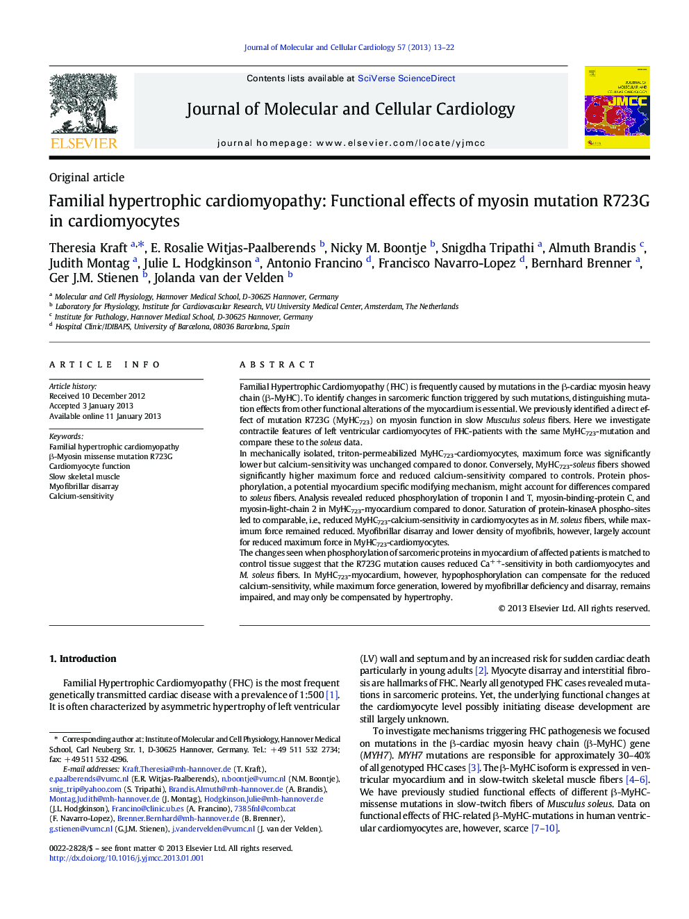 Familial hypertrophic cardiomyopathy: Functional effects of myosin mutation R723G in cardiomyocytes