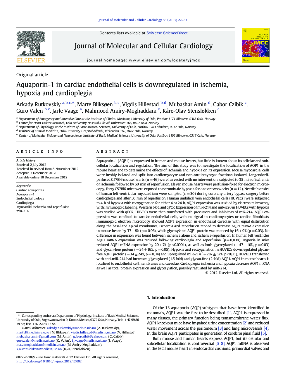 Aquaporin-1 in cardiac endothelial cells is downregulated in ischemia, hypoxia and cardioplegia