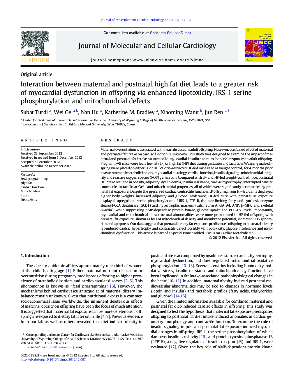 Interaction between maternal and postnatal high fat diet leads to a greater risk of myocardial dysfunction in offspring via enhanced lipotoxicity, IRS-1 serine phosphorylation and mitochondrial defects