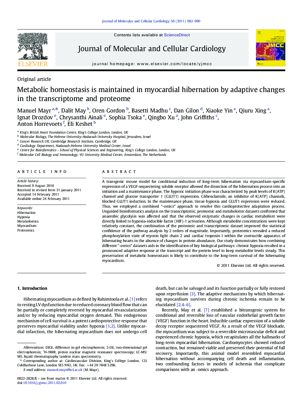 Metabolic homeostasis is maintained in myocardial hibernation by adaptive changes in the transcriptome and proteome