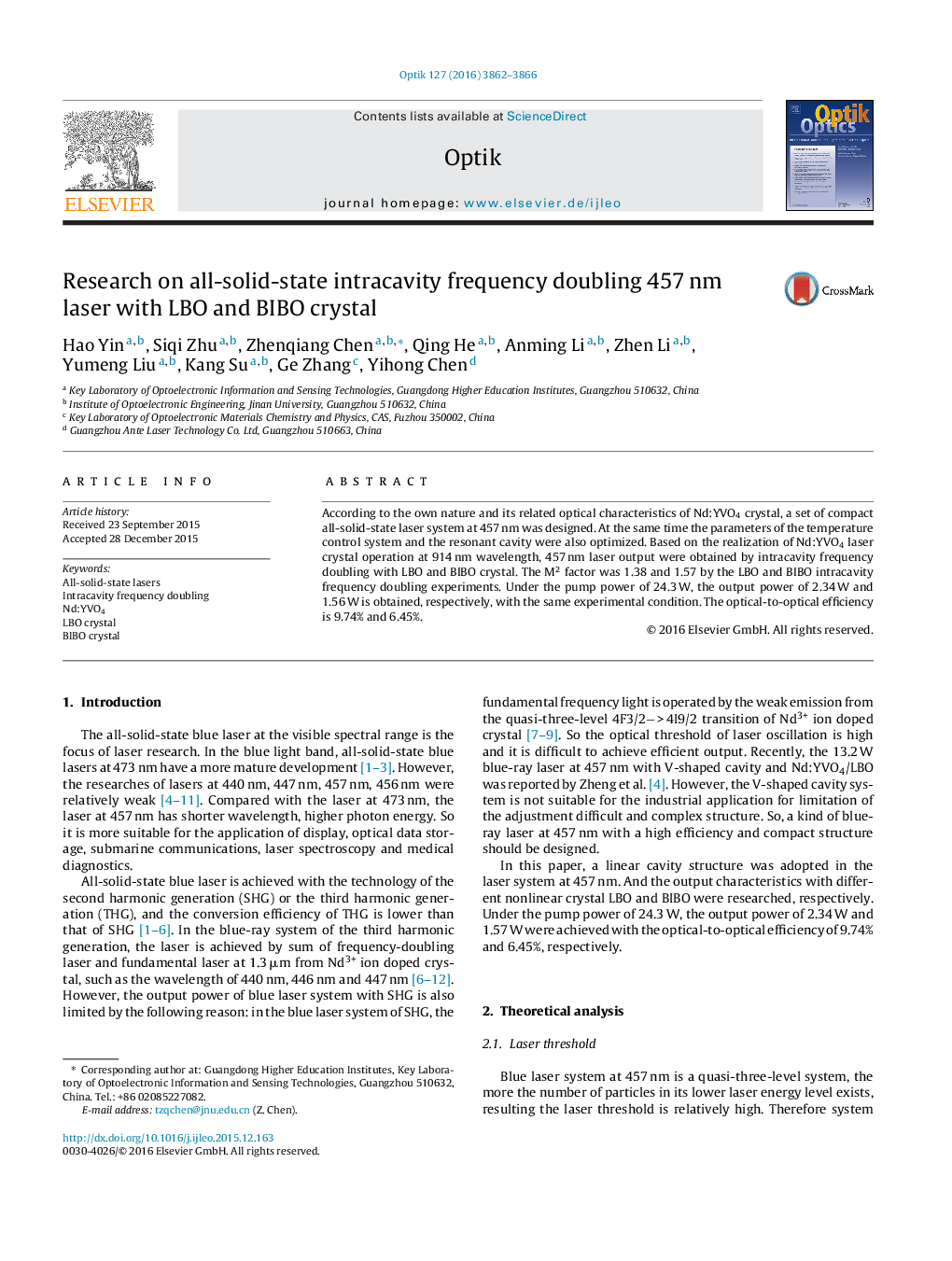 Research on all-solid-state intracavity frequency doubling 457 nm laser with LBO and BIBO crystal