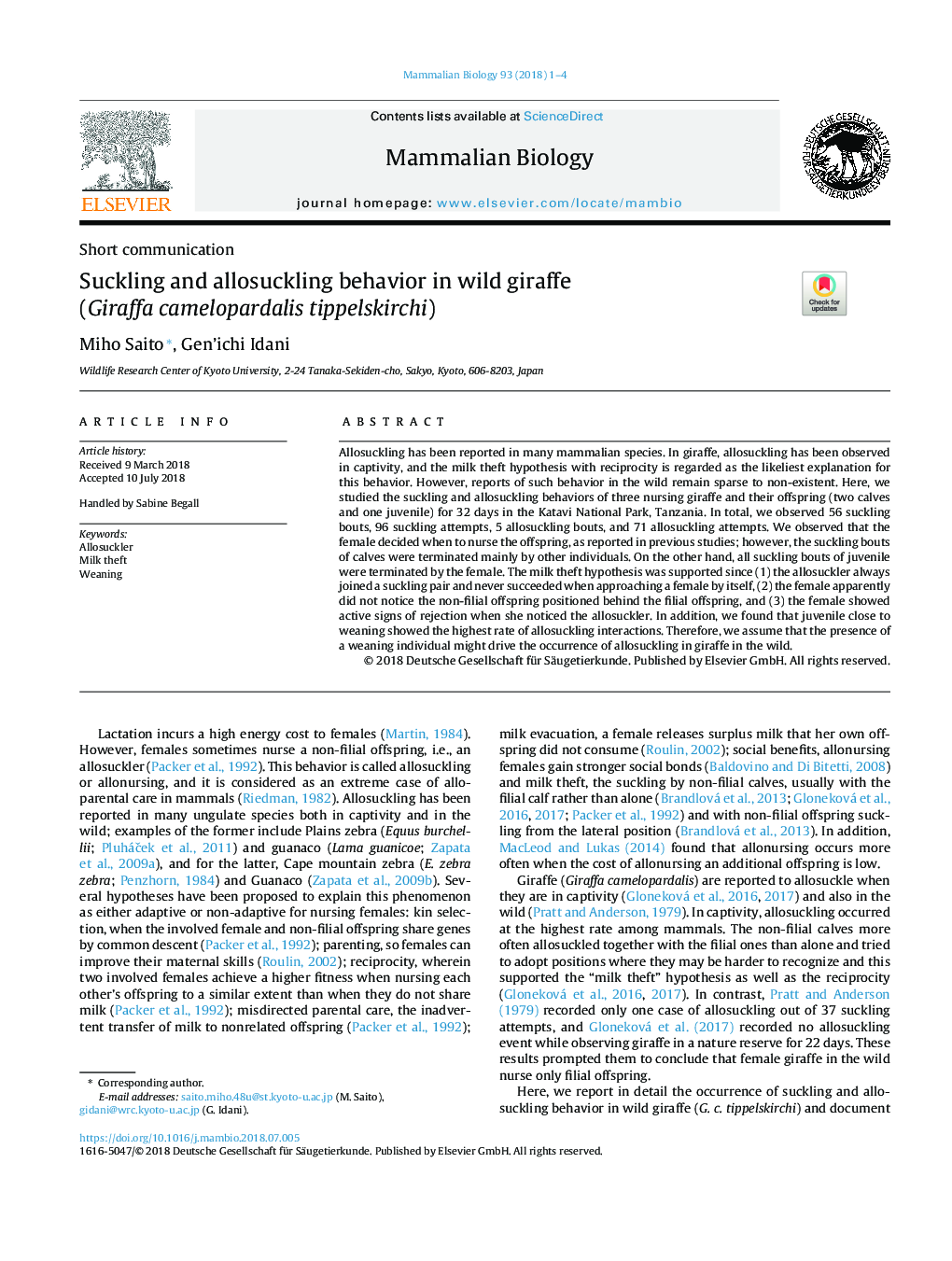 Suckling and allosuckling behavior in wild giraffe (Giraffa camelopardalis tippelskirchi)